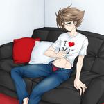 abs barefoot blush brown_hair cardfight!!_vanguard couch green_eyes kai_toshiki looking_at_viewer male_focus muscle pillow shirt_lift sweat underwear undressing 
