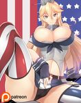  american_flag american_flag_legwear belt belt_buckle blonde_hair blue_eyes breasts buckle cleavage fingerless_gloves flag_background front-tie_top garter_straps gloves haganef headgear iowa_(kantai_collection) kantai_collection large_breasts long_hair looking_at_viewer miniskirt mismatched_legwear panties skirt smile solo star star-shaped_pupils striped striped_legwear symbol-shaped_pupils thighhighs underwear vertical-striped_legwear vertical-striped_skirt vertical_stripes 