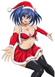  bare_shoulders bashoku_youjou blue_hair blush breasts christmas cleavage female hair_ornament hat ikkitousen large_breasts legs looking_at_viewer navel open_mouth pink_eyes santa_hat short_twintails skirt smile solo thighhighs twintails 