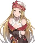  bare_shoulders blonde_hair blush bow breasts brown_eyes cleavage crossed_arms diola_(granblue_fantasy) granblue_fantasy hanarito hat hat_bow highres long_hair looking_at_viewer medium_breasts open_mouth solo transparent_background yellow_eyes 