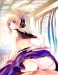  1girl ass bare_shoulders blonde_hair closed_mouth clothed_female_nude_male cowgirl_position cum expressionless from_behind girl_on_top headphones hetero leaning_forward looking_at_viewer makuwauri nude panties panties_aside pink_panties pointy_hair pov purple_skirt sailor_collar sex shirt short_hair sketch skirt solo_focus speech_bubble straddling talking text_focus touhou toyosatomimi_no_miko translation_request underwear upskirt yellow_shirt 