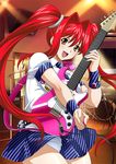  breasts female guitar hair_ornament ikkitousen kanpei large_breasts legs long_twintails looking_at_viewer red_hair smile solo twintails 