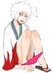  1boy bottomless feet jiraiya looking_at_viewer male_focus naruto silver_hair solo underwear 