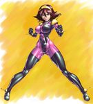  blue_eyes boots breasts brown_hair cameltoe choker cleavage clothed_navel collarbone covered_navel earrings female g_gundam gundam hairband jewelry large_breasts mobile_trace_suit rain_mikamura shinonome_(game_hakkutsu_tai) short_hair skin_tight solo 
