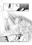  artist_request balloon cherry_blossoms comic cup death dying greyscale holding monochrome mother_and_daughter multiple_girls old_woman original smile 