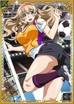  aqua_eyes breasts card_(medium) cleavage hairband ikkitousen light_brown_hair long_hair navel open_mouth shoes soccer solo sonken_chuubou 