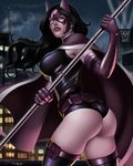  ass black_hair boots breasts cape dc_comics elbow_gloves gloves huntress iury_padilha large_breasts leotard long_hair mask solo staff thigh_boots thighhighs 
