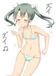  :3 :d aqua_bikini bare_legs bare_shoulders beamed_eighth_notes bikini blush breasts closed_eyes collarbone cowboy_shot dancing grey_hair hair_ribbon highres kantai_collection musical_note navel nedia_(nedia_region) open_mouth ribbon simple_background small_breasts smile solo swimsuit translated twintails uwu white_background zui_zui_dance zuikaku_(kantai_collection) 