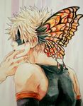  323emaki back bakugou_katsuki black_hair blonde_hair boku_no_hero_academia butterfly_wings domino_mask eyelashes from_side hair_ornament hand_on_another's_face head_wings male_focus mask multicolored_hair out_of_frame parted_lips profile sleeveless solo_focus tank_top traditional_media two-tone_hair upper_body wings 