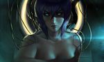  bare_shoulders blue_eyes breasts cyborg ghost_in_the_shell ghost_in_the_shell_stand_alone_complex glowing glowing_eyes kusanagi_motoko medium_breasts purple_hair raikoart short_hair solo wire 