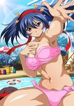  bare_shoulders bashoku_youjou bikini blue_hair blush breasts cleavage curvy female hair_ornament ikkitousen large_breasts legs looking_at_viewer navel purple_eyes short_twintails sitting solo swimsuit twintails 