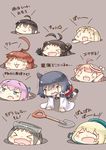  &gt;_&lt; :3 :d ahoge antenna_hair atago_(kantai_collection) bangs black_gloves black_hair black_ribbon blonde_hair brown_hair catchphrase closed_eyes closed_mouth commentary double_bun gloves hair_ornament hair_ribbon hinata_yuu i-58_(kantai_collection) kantai_collection kuma_(kantai_collection) long_sleeves maru-yu_(kantai_collection) multiple_girls naka_(kantai_collection) nontraditional_miko open_mouth pan-pa-ka-paaan! poi ribbon shaded_face shigure_(kantai_collection) shiranui_(kantai_collection) shovel smile tears translated trembling wavy_mouth wide_sleeves xd yamashiro_(kantai_collection) yuudachi_(kantai_collection) |_| 