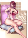  alcohol bad_anatomy barefoot beer beer_can blush breasts can cleavage hair_over_one_eye highres karei_(zeroseed) kobayashi_rindou large_breasts lingerie long_hair plump red_hair reflection shokugeki_no_souma slit_pupils solo suggestive_fluid underwear yellow_eyes 