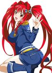  breasts female hair_ornament ikkitousen kanpei large_breasts legs long_twintails looking_at_viewer red_hair sitting smile solo twintails 