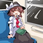  black_hat black_skirt book bow brown_hair closed_eyes commentary fedora hair_ribbon hat hat_bow hat_ribbon juliet_sleeves long_sleeves necktie puffy_sleeves red_neckwear ribbon saliva shinapuu shirt sitting skirt sleeping sleeping_upright solo touhou tress_ribbon usami_renko white_bow white_ribbon white_shirt 