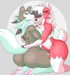  anthro anthrofied big_butt blue_eyes blush breast_squish breasts breasts_frottage brown_fur butt canid canine claws danonymous duo female female/female fur looking_back lycanroc mammal midday_lycanroc midnight_lycanroc nintendo nude pawpads pok&eacute;mon pok&eacute;mon_(species) red_fur simple_background thick_thighs video_games white_fur 