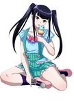  black_hair collarbone food hair_ornament heart ice_cream ikkitousen long_hair looking_at_viewer saji_genpou_(true) simple_background sitting skirt solo suspender_skirt suspenders tongue tongue_out twintails white_background yellow_eyes 