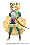  arm_armor armor blonde_hair blue_bow blue_skirt boots bow detached_collar flower flower_knight_girl full_body green_bandana green_eyes green_legwear green_ribbon hair_bow hairband hands_on_hips leg_armor long_hair looking_at_viewer miniskirt multicolored multicolored_bow multicolored_hair multicolored_ribbon object_namesake official_art plaid plaid_skirt rananculus_(flower_knight_girl) ribbon scabbard sheath skirt smile solo standing sugimeno thigh_boots thighhighs two_side_up vambraces white_background zettai_ryouiki 