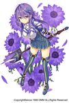  anemone_(flower_knight_girl) armor armored_dress blue_eyes blue_footwear blue_skirt boots expressionless flower flower_knight_girl full_body gloves hair_ornament hairclip holding holding_weapon leaning_forward looking_at_viewer object_namesake official_art pleated_skirt polearm purple_hair short_hair skirt solo spear standing sugimeno thigh_boots thighhighs weapon white_background zettai_ryouiki 
