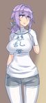  blush breasts clothes_writing female_admiral_(kantai_collection) gloves kanata_(evuoaniramu) kantai_collection large_breasts legwear_under_shorts long_hair mizuumi_(bb) pantyhose pantyhose_under_shorts ponytail purple_eyes purple_hair ribbon shorts smile solo translation_request white_legwear 