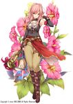  armor armpits boots brown_footwear brown_pants expressionless fingerless_gloves flower flower_knight_girl full_body gloves green_eyes holding holding_weapon hollyhock knee_boots long_hair looking_at_viewer moneti_(daifuku) object_namesake official_art pants pink_hair solo standing tachiaoi_(flower_knight_girl) wand weapon 