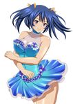  bare_legs bare_shoulders bashoku_youjou blue_hair blush breasts cleavage female hair_ornament ikkitousen large_breasts legs looking_at_viewer purple_eyes see-through shiny_skin short_twintails skirt smile solo twintails 