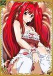  breasts card_(medium) curvy dress female hair_ornament ikkitousen kanpei large_breasts long_hair long_twintails looking_at_viewer red_hair sitting smile solo twintails 