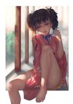  barefoot brown_hair feet japanese_clothes kimono koutetsujou_no_kabaneri looking_at_viewer mumei_(kabaneri) red_eyes ribbon short_hair solo twintails waymay 