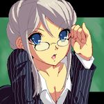  :o adjusting_eyewear avril_vent_fleur blue_eyes breasts cleavage collarbone enoo formal glasses long_hair long_sleeves looking_at_viewer lowres medium_breasts oekaki open_mouth pinky_out pinstripe_pattern sidelocks silver_hair solo striped suit upper_body wild_arms wild_arms_5 