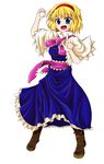  alice_margatroid bangs blonde_hair blue_dress blue_eyes boots brown_footwear capelet commentary_request dress egg frilled_dress frills full_body hairband highres kenpi_(hs-totyu) looking_at_viewer open_mouth sash short_hair solo standing touhou white_background white_capelet 