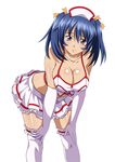  bare_shoulders bashoku_youjou blue_hair breasts cleavage female hair_ornament ikkitousen large_breasts leaning_forward looking_at_viewer pink_eyes short_twintails skirt smile solo standing thighhighs twintails 