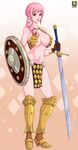  absurdres bikini_armor braid breasts female kyoffie large_breasts lips midriff navel one_piece pink_hair rebecca_(one_piece) red_eyes shield sword thighs 