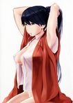  absurdres adjusting_hair anchor_symbol armpits arms_up black_hair black_ribbon blue_eyes bottomless breasts cleavage closed_mouth collarbone cowboy_shot groin hair_ribbon highres houshou_(kantai_collection) japanese_clothes kantai_collection kimono large_breasts mouth_hold open_clothes open_kimono open_shirt ponytail ribbon scan shirt simple_background sitting sleeveless sleeveless_kimono sleeveless_shirt solo tying_hair wa_(genryusui) white_background white_shirt 
