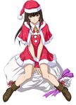  between_legs brown_eyes brown_hair dress earrings fingerless_gloves gloves hand_between_legs hat ikkitousen jewelry long_hair magatama magatama_earrings purple_ribbon red_dress red_gloves red_hat red_ribbon ribbon sack santa_costume santa_hat simple_background sitting smile solo ten'i_(ikkitousen) white_background 