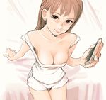  bare_shoulders breasts brown_eyes brown_hair dress from_above long_hair looking_at_viewer looking_up mmelica smarthphone smartphone smile thigh_gap white_dress 