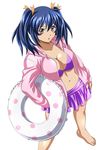 bashoku_youjou blue_hair breasts cleavage female hair_ornament ikkitousen large_breasts legs looking_at_viewer navel open_mouth purple_eyes short_twintails skirt solo standing swimsuit twintails 