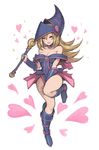  :d bare_shoulders blonde_hair blush_stickers boots breasts cleavage dark_magician_girl duel_monster full_body green_eyes hanarito hat heart highres large_breasts long_hair looking_at_viewer open_mouth smile solo staff white_background wizard_hat yuu-gi-ou yuu-gi-ou_duel_monsters 