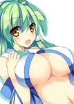  breasts cleavage detached_sleeves frog_hair_ornament green_hair hair_ornament hair_tubes kochiya_sanae large_breasts long_hair looking_at_viewer navel open_clothes open_mouth ryokushiki_(midori-ya) simple_background solo touhou white_background yellow_eyes 