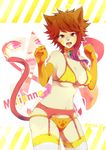  animal_ears artist_name bad_id bad_pixiv_id bell bell_collar bikini bikini_top breasts brown_hair cat_ears cat_tail character_name cleavage collar facial_mark fairy_tail fang gloves large_breasts midriff millianna_(fairy_tail) navel open_mouth pink_eyes solo swimsuit tail teeth thighhighs yuita_ro 