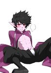  1boy black_hair blush character_request deyezi erection male_focus naughty_face nipples penis pointy_ears purple_hair red_eyes smile solo spreading sweat teeth underwear undressing 