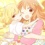  :d blonde_hair brown_hair dated dress futaba_anzu hair_ornament hug idolmaster idolmaster_cinderella_girls kinokosuke long_hair low_ponytail lowres moroboshi_kirari multiple_girls one_eye_closed open_mouth smile star star_hair_ornament twitter_username 