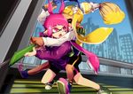  bike_shorts black_shorts blonde_hair closed_eyes dark_skin domino_mask fangs hair_ornament holding holding_weapon hug hug_from_behind inkbrush_(splatoon) inkling long_hair looking_at_another looking_back mask mineta_naoki multiple_girls open_mouth pink_eyes pink_hair pointy_ears shoes shorts single_vertical_stripe smile sneakers splat_charger_(splatoon) splatoon_(series) splatoon_1 standing sweatdrop tentacle_hair weapon 