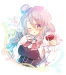  ;o alcohol breasts cup drinking_glass grey_eyes grey_hair hat kantai_collection large_breasts long_hair mini_hat mitsumomo_mamu one_eye_closed pola_(kantai_collection) solo wine wine_glass 