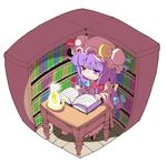  blue_bow book bookshelf bow commentary crescent crescent_hair_ornament eyebrows eyebrows_visible_through_hair from_above hair_ornament hair_ribbon hat highres lantern long_hair mob_cap patchouli_knowledge purple_eyes purple_hair reading red_bow ribbon shinapuu smile solo table touhou tress_ribbon 