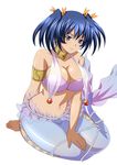  bare_shoulders bashoku_youjou blue_hair breasts cleavage female hair_ornament ikkitousen large_breasts legs looking_at_viewer mermaid navel purple_eyes short_twintails sitting smile solo twintails 