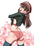  alicia_melchiott angry ass back blush brown_eyes brown_hair dimples_of_venus kekke long_hair looking_back open_mouth panties red_panties senjou_no_valkyria senjou_no_valkyria_1 shiny shiny_skin shirt_lift skindentation solo thighhighs thighs twintails underwear undressing 
