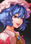  absurdres blue_hair commentary face fangs gradient gradient_background grey_background hat hat_ribbon highres lips looking_down mob_cap open_mouth portrait red_eyes remilia_scarlet ribbon short_hair slit_pupils smile solo touhou wumumu 