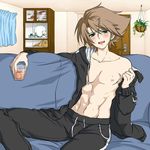  1boy abs alcohol blush brown_hair bulge cardfight!!_vanguard couch drunk green_eyes kai_toshiki male_focus muscle naughty_face nipples smile solo sweat undressing 