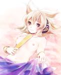  blonde_hair bracelet breasts closed_mouth collarbone cowboy_shot eyebrows eyebrows_visible_through_hair from_above headphones holding jewelry lying makuwauri navel nipples on_back purple_skirt ritual_baton short_hair skirt skirt_hold small_breasts smile solo stomach topless touhou toyosatomimi_no_miko 