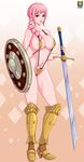  absurdres braid breasts female kyoffie large_breasts lips navel one_piece pink_hair rebecca_(one_piece) red_eyes shield string_bikini sword thighs 
